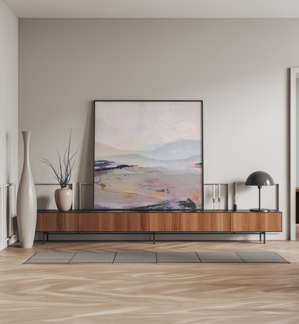 Summer By Dan Hobday Abstract Art Abstract Paintings in Black Plain Frame placed on a Console Table placed on a Cream Colored Wall in the Drawing Room