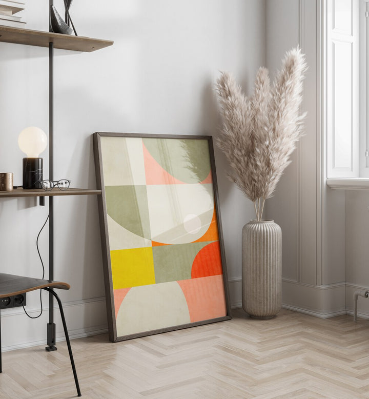 Summer Circle By Ana Rut Bre Abstract Art Abstract Paintings in Dark Wood Plain Frame placed on the floor near a White Colored Wall in the Living Room