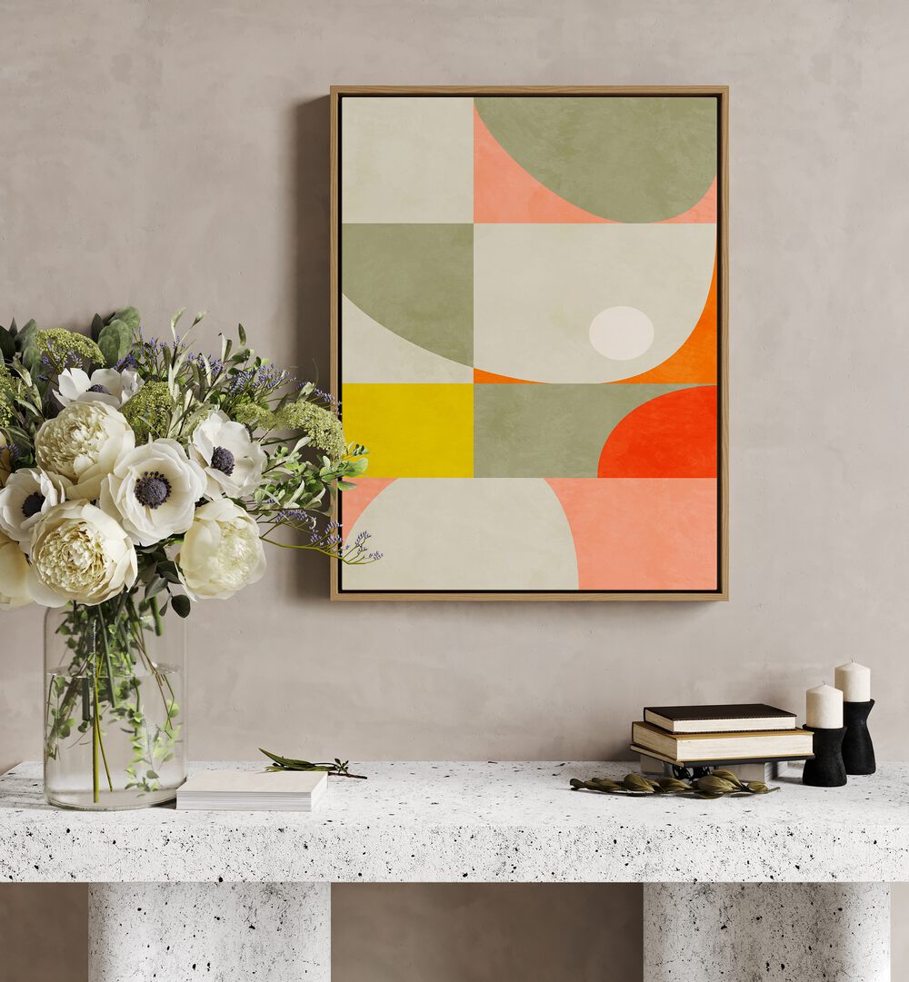 Summer Circle By Ana Rut Bre Abstract Art Abstract Paintings in Oak Wood Floater Frame placed on a Beige Colored Wall above a Console Table in the Drawing Room 