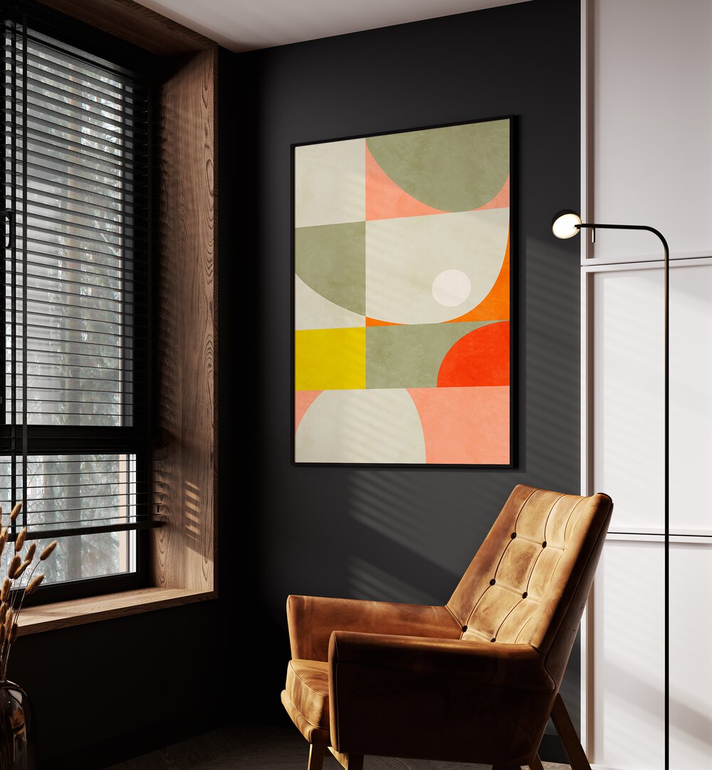 Summer Circle By Ana Rut Bre Abstract Art Abstract Paintings in Black Plain Frame placed on a Dark Grey Colored Wall in the Drawing Room