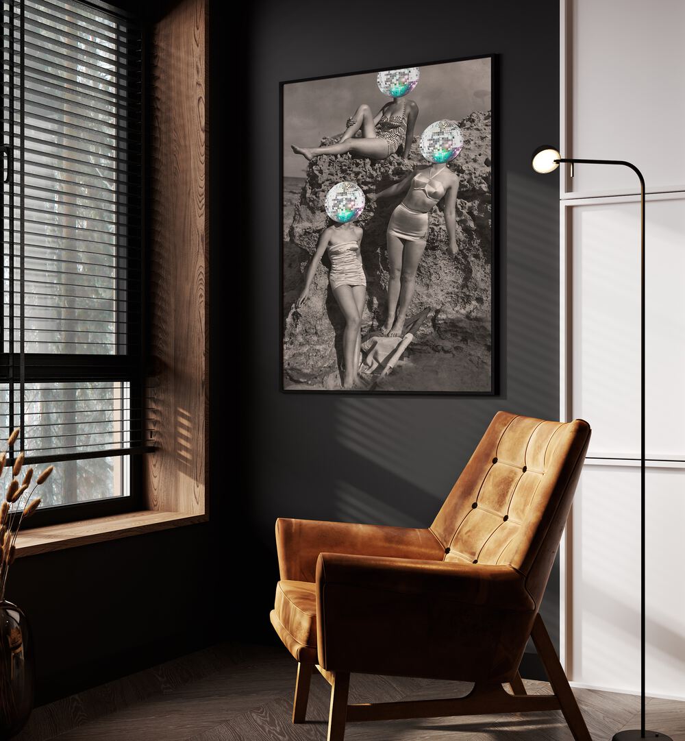 Summer Disco Vibe by the Art Concept Altered Art Prints in Black Plain Frame placed on the wall beside an orange sofa