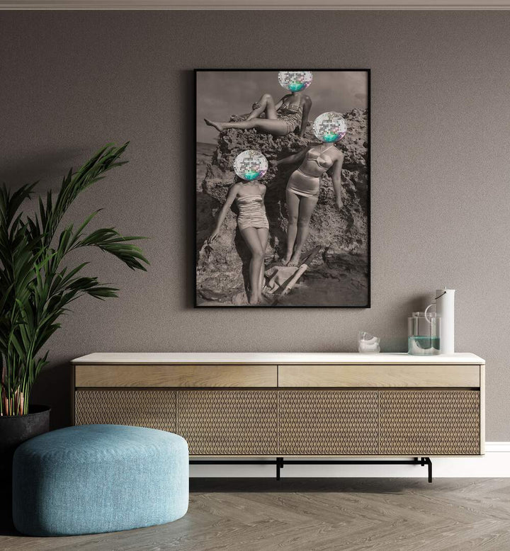 Summer Disco Vibe by the Art Concept Altered Art Prints in Black Plain Frame placed on a wall behind a console