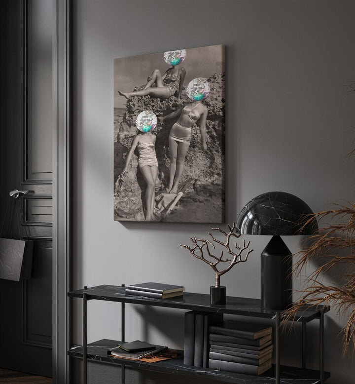 Summer Disco Vibe by the Art Concept Altered Art Prints in Gallery Wrap placed on a wall behind a table and beside a door