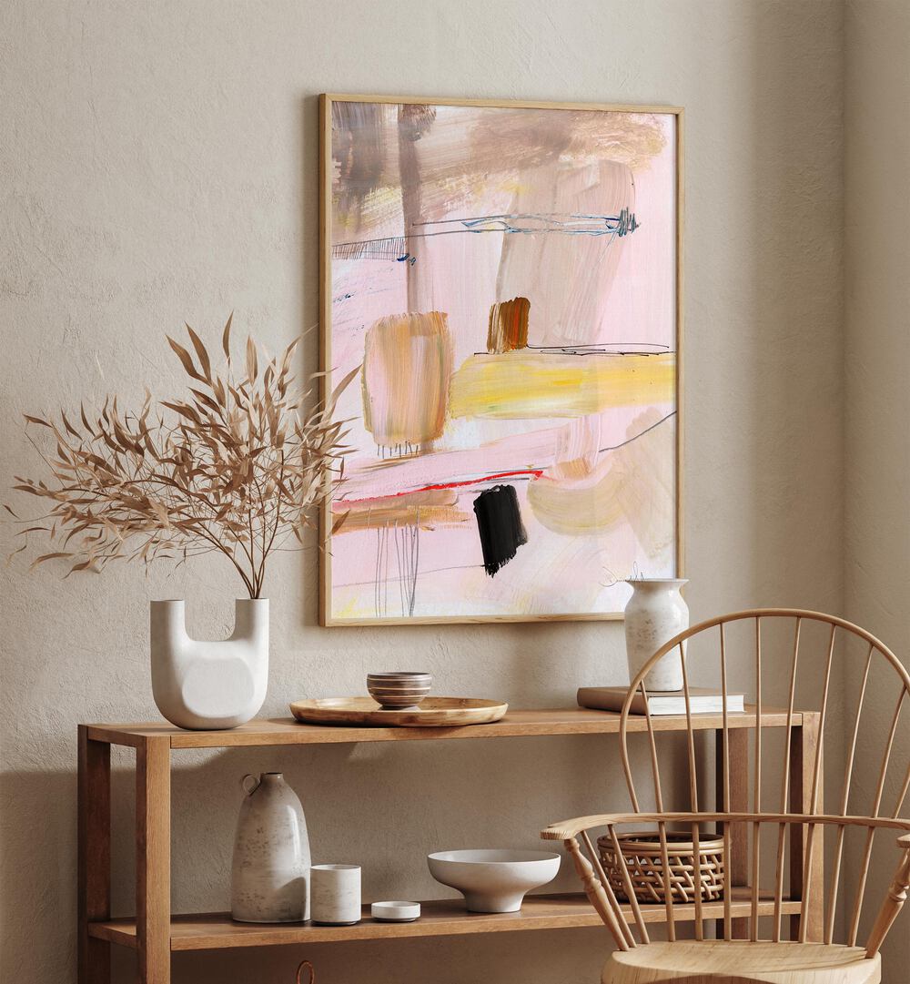 Summer Dream I By Dan Hobday Abstract Art Abstract Paintings in Oak Wood Plain Frame placed on a Beige Colored Wall above a Shelf in the Kitchen Area