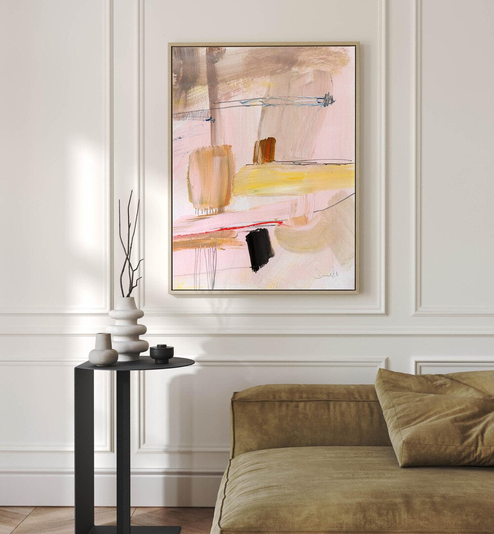 Summer Dream I By Dan Hobday Abstract Art Abstract Paintings in Oak Wood Floater Frame placed on a White Colored Wall near a Brown Sofa in the Living Room