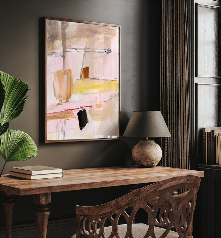 Summer Dream I By Dan Hobday Abstract Art Abstract Paintings in Dark Wood Plain Frame placed on a Brown Colored Wall near a Study Table in the Drawing Room