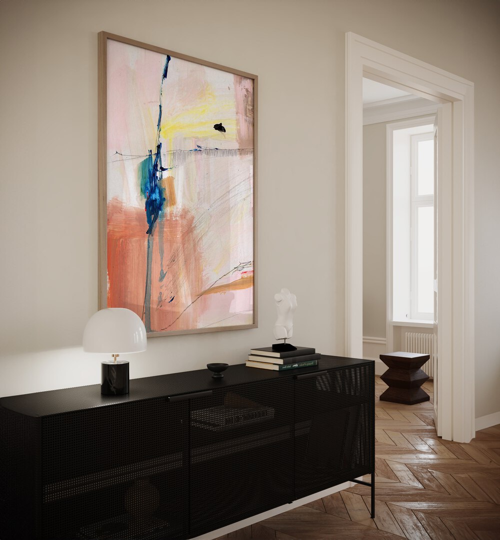 Summer Dream II By Dan Hobday Abstract Art Abstract Paintings in Oak Wood Plain Frame placed on a Cream Colored Wall above a Console Table in the Alley Way