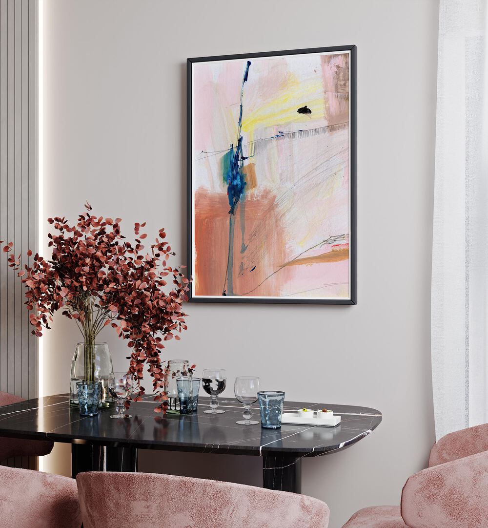 Summer Dream II By Dan Hobday Abstract Art Abstract Paintings in Black Plain Frame placed on a White Colored Wall  near a Dining Table in the Dining Room