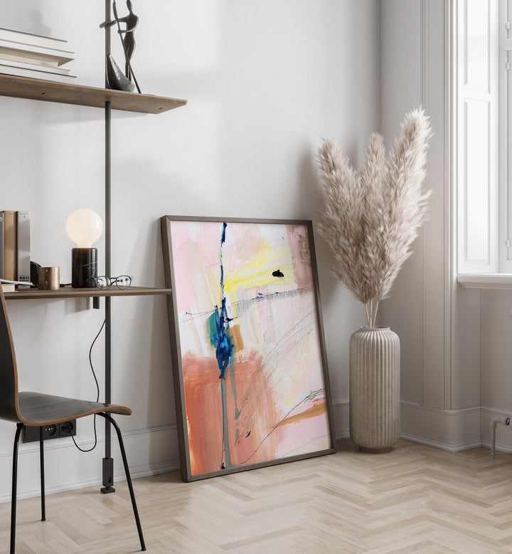 Summer Dream II By Dan Hobday Abstract Art Abstract Paintings in Dark Wood Plain Frame placed on the floor in the Drawing Room