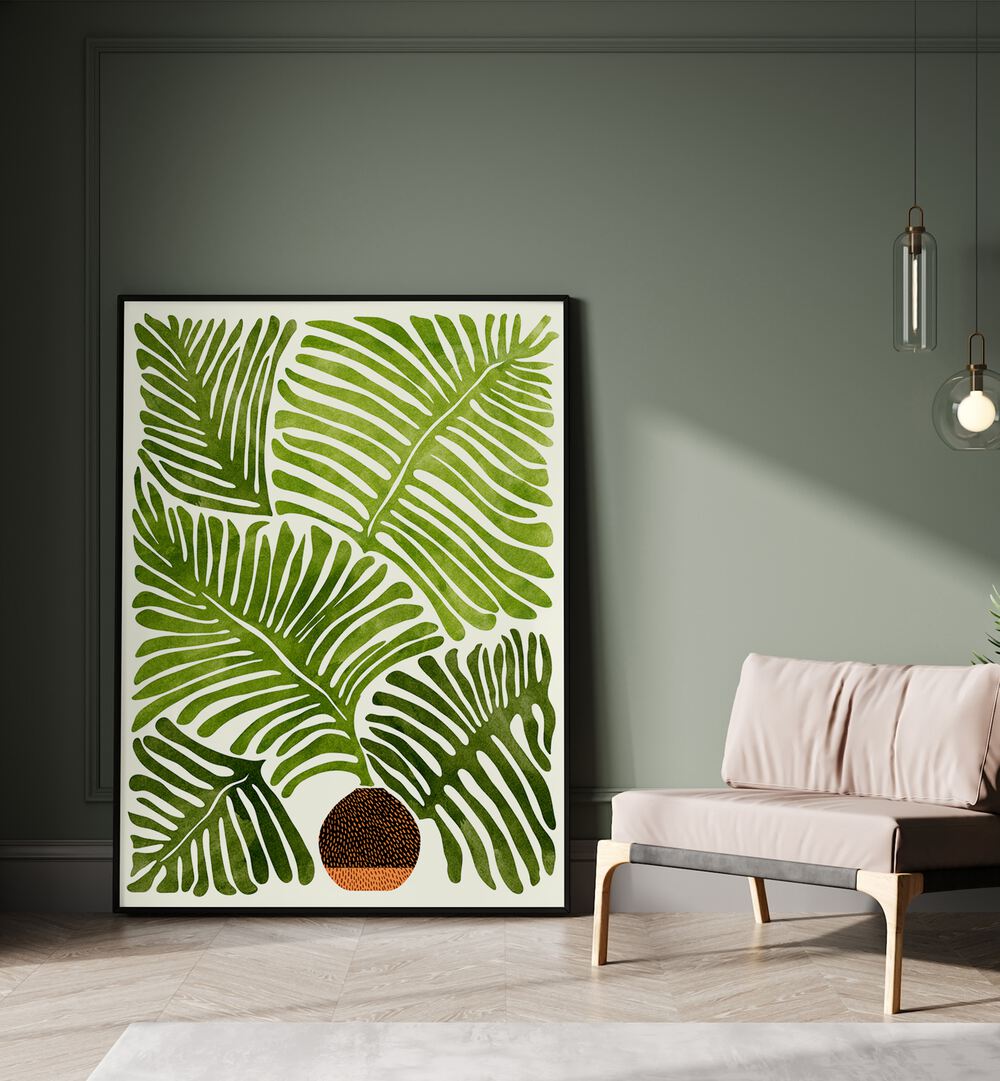 Summer Fern by Kristian Gallagher Botanical Flower Paintings Floral Paintings in Black Plain Frame placed on the floor beside a sofa