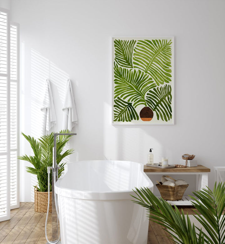 Summer Fern by Kristian Gallagher Botanical Flower Paintings Floral Paintings in White Plain Frame placed on a bathroom wall behind a bathtub