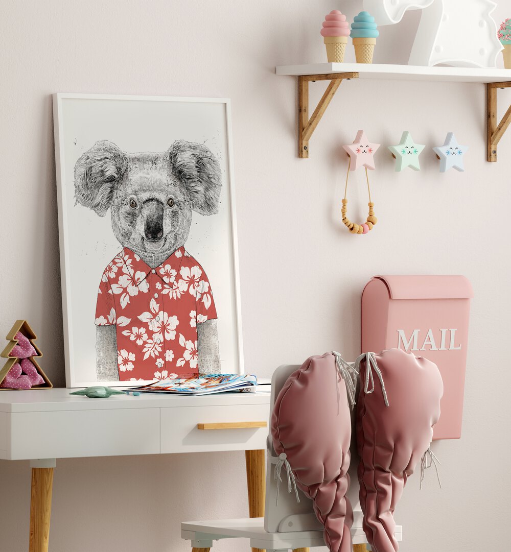 Summer Koala Red By Balazs Solti Kids Room Art in White Plain Frame placed on a Study Table near a White Colored Wall in the Kids Room