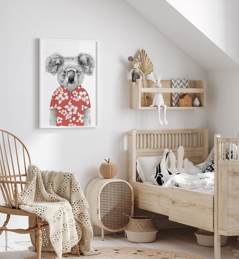 Summer Koala Red By Balazs Solti Kids Room Art in White Plain Frame placed on a White Colored Wall in the Kids Room