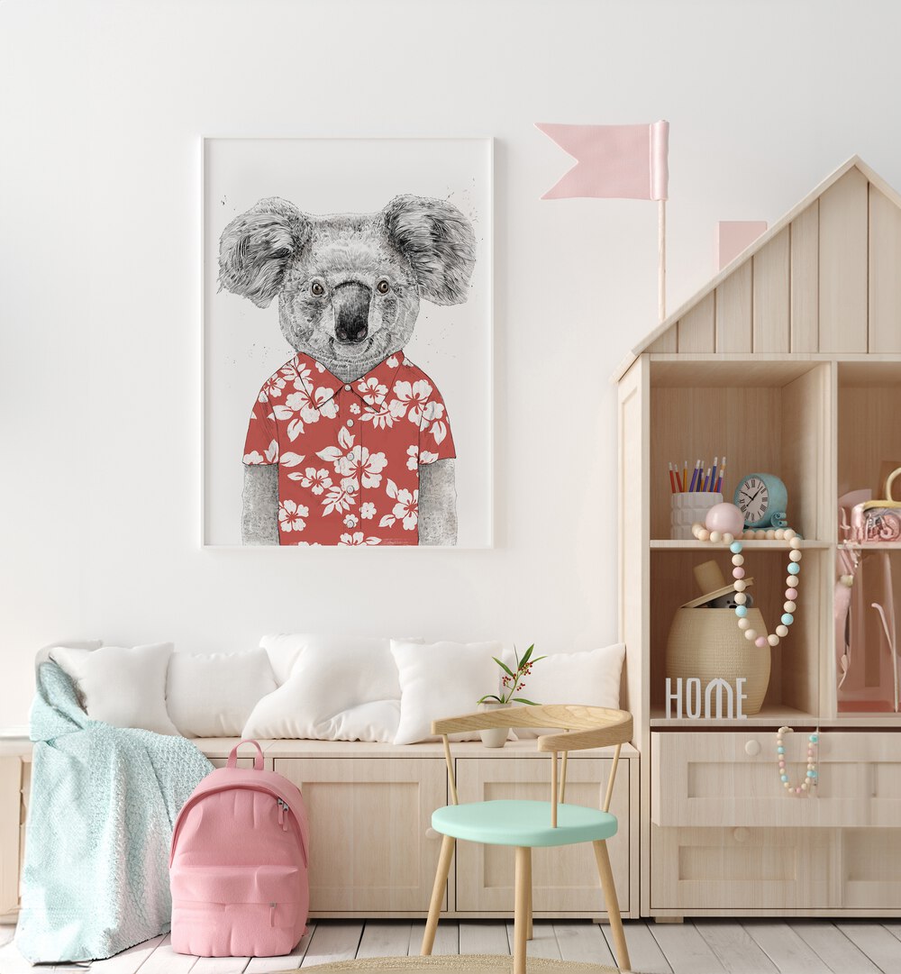 Summer Koala Red By Balazs Solti Kids Room Art in White Plain Frame placed on a White Colored Wall in the Kids Room