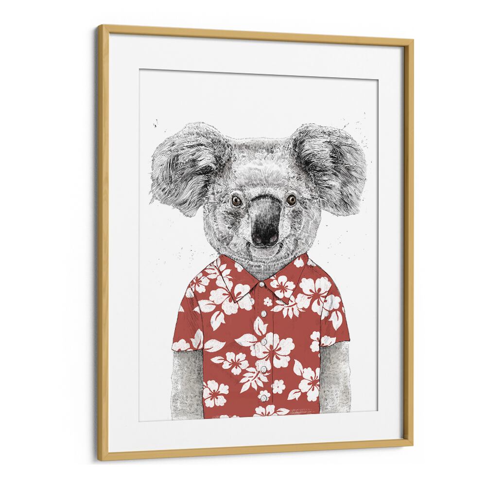 Summer Koala Red By Balazs Solti Kids Room Art in Oak Wood Frame With Mount