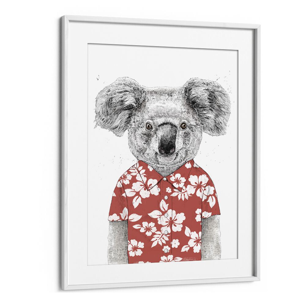 Summer Koala Red By Balazs Solti Kids Room Art in White Frame With Mount