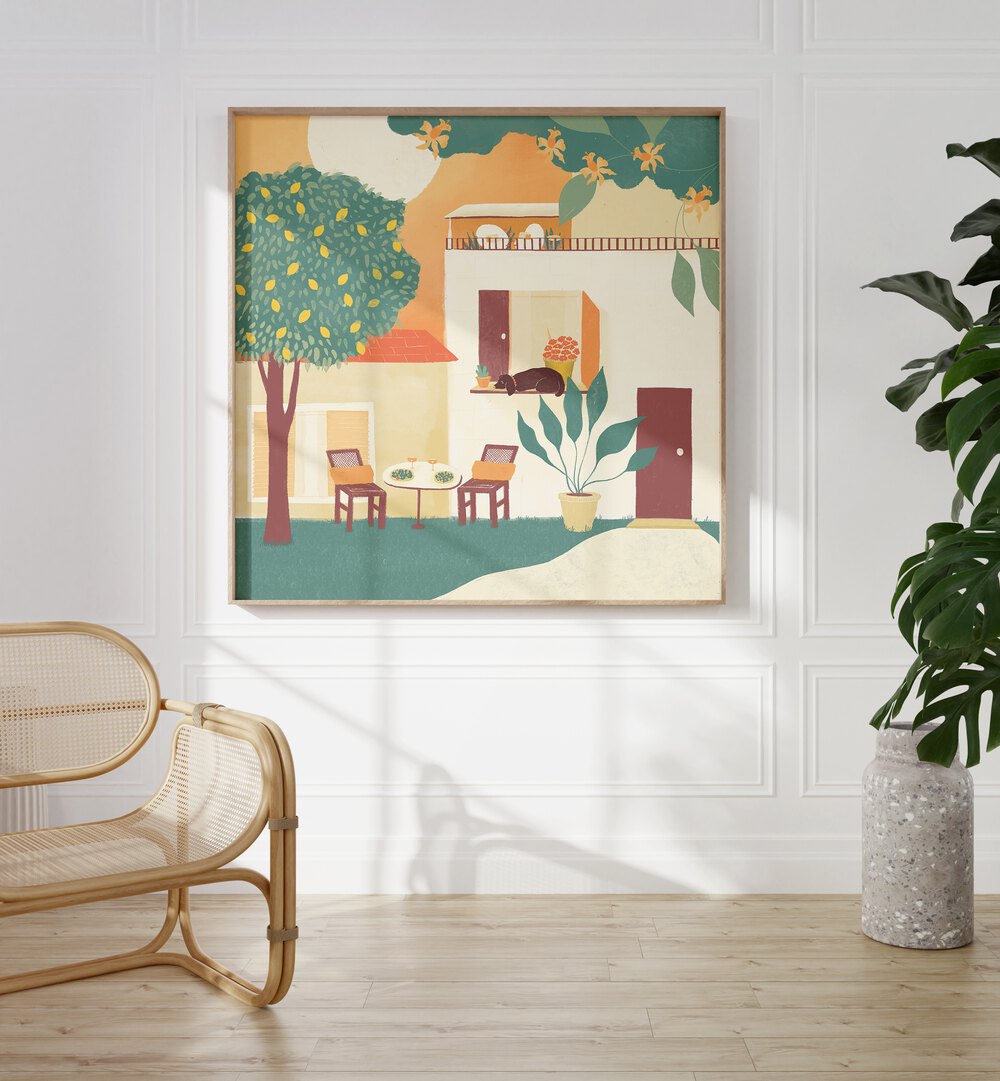 Summer Lunch by Shriya Bhattacharya Art Print in Oak Wood Plain Frame on a white wall beside a plant