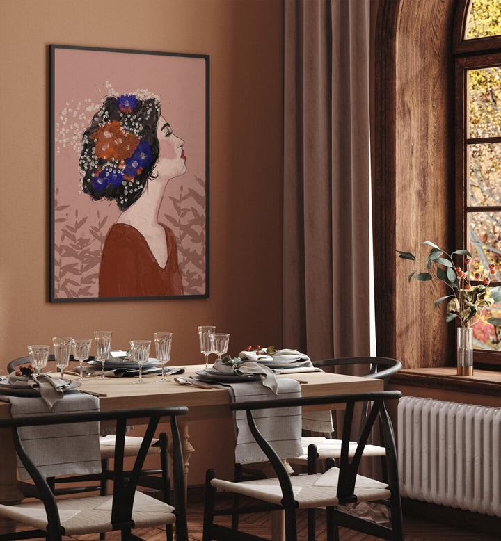 Summer Night by Treechild Women Illustration Paintings in Black Plain Frame placed on a wall behind a dining table