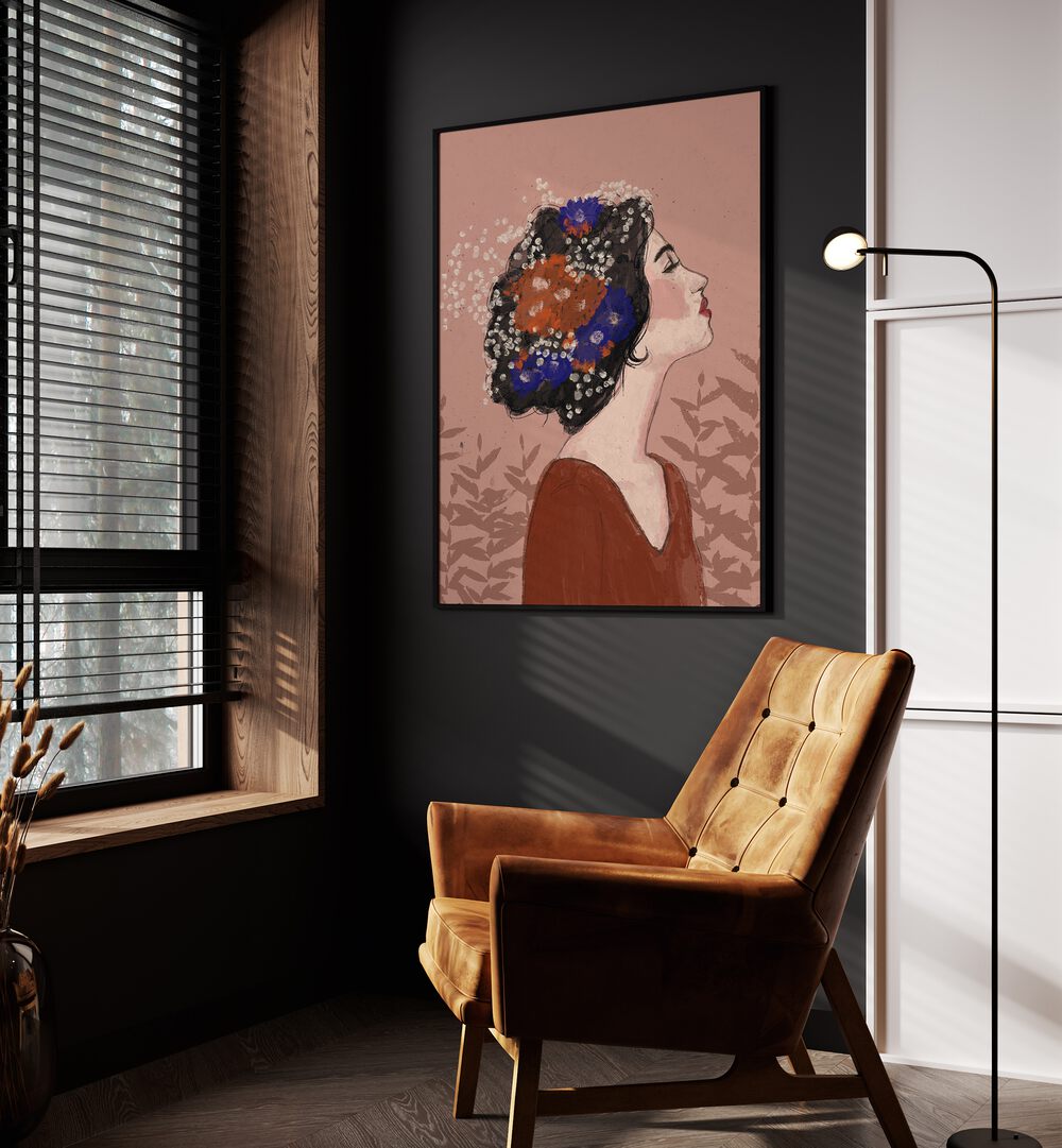 Summer Night by Treechild Women Illustration Paintings in Black Plain Frame placed on a wall beside an orange sofa