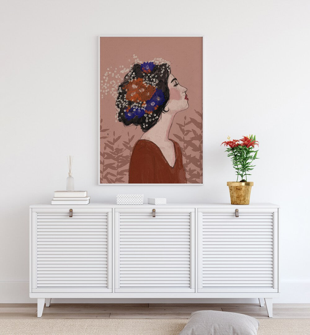 Summer Night by Treechild Women Illustration Paintings in White Plain Frame placed on a wall behind a console table