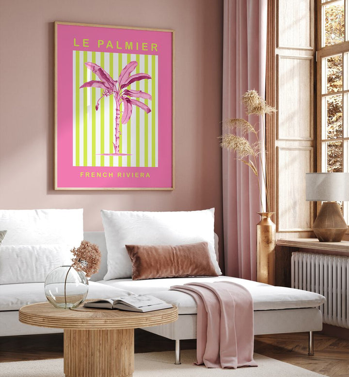 Summer Palm By Grace Digital Art Co Beach Prints in Oak Wood Plain Frame placed on a pink wall behind a sofa