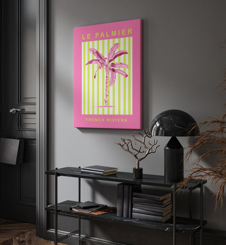 Summer Palm By Grace Digital Art Co Beach Prints in Gallery Wrap placed on a wall behind a table and beside a door