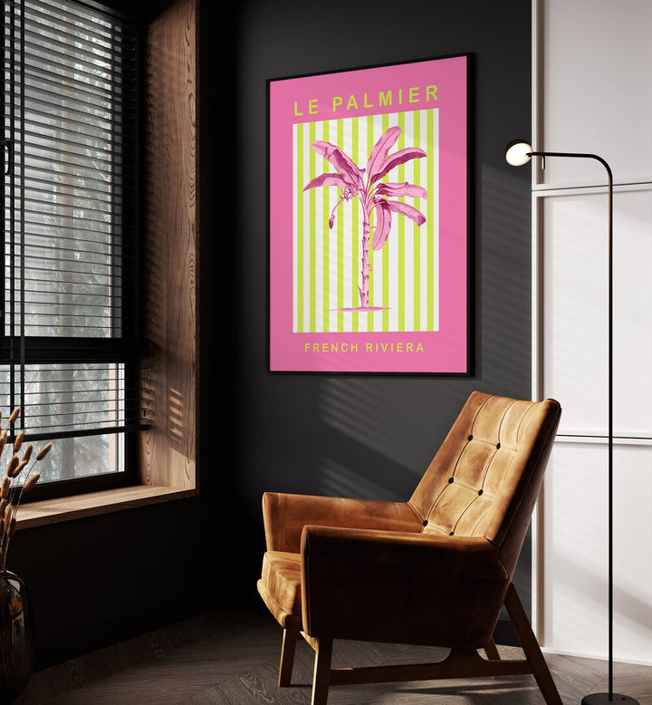 Summer Palm By Grace Digital Art Co Beach Prints in Black Plain Frame placed on a wall beside a window and orange sofa