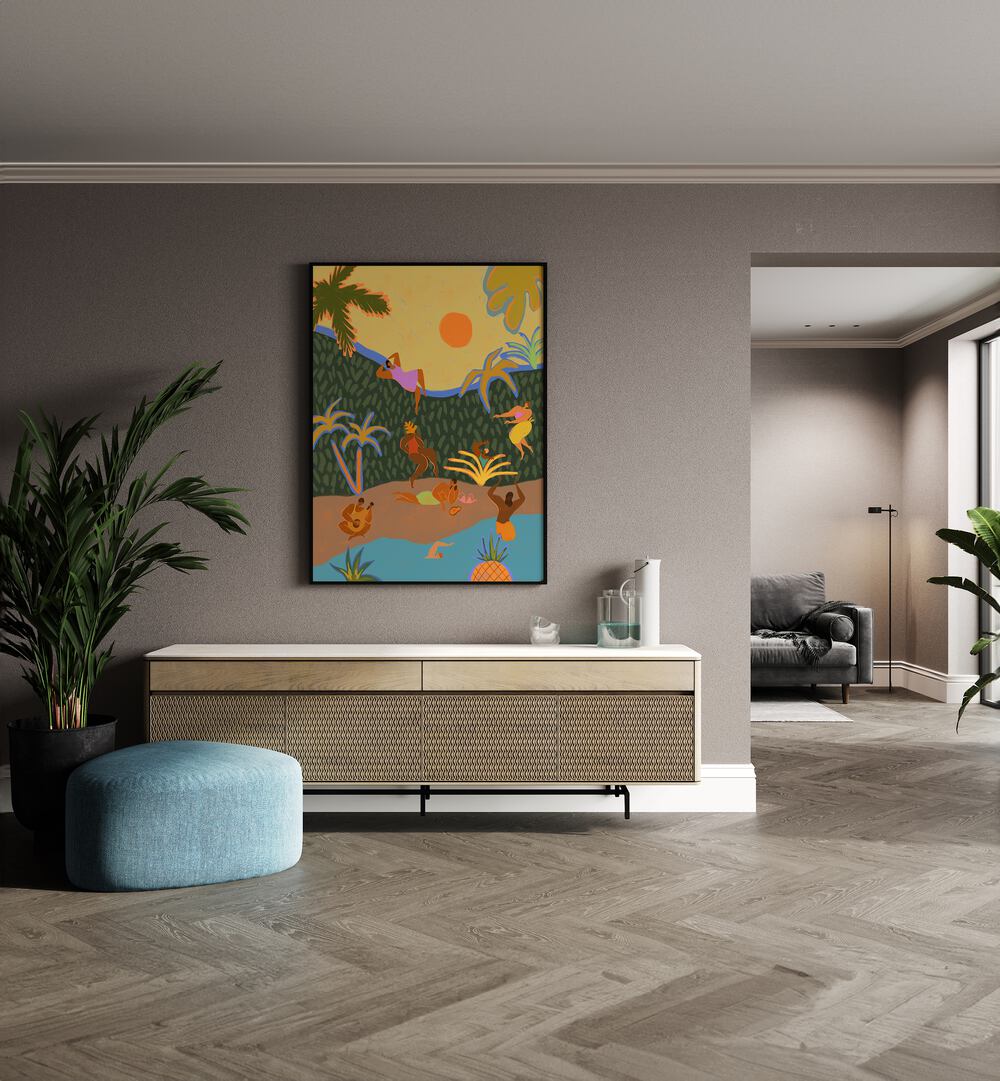 Summer Paradise By Arty Guava Wall Art Prints in Black Plain Frame placed on a Beige Colored Wall above a Console Table in the Drawing Room