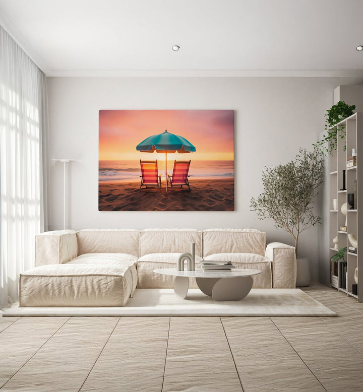 Relaxing chairs under a vibrant umbrella at the beach, capturing the essence of SUMMER SUNSET, BEACH PAINTINGS.