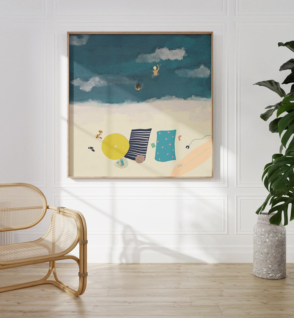 Summertime Splash Beach Prints Coastal Wall Art Prints in Oak Wood Plain Frame placed on a White Colored Wall in the Drawing Room