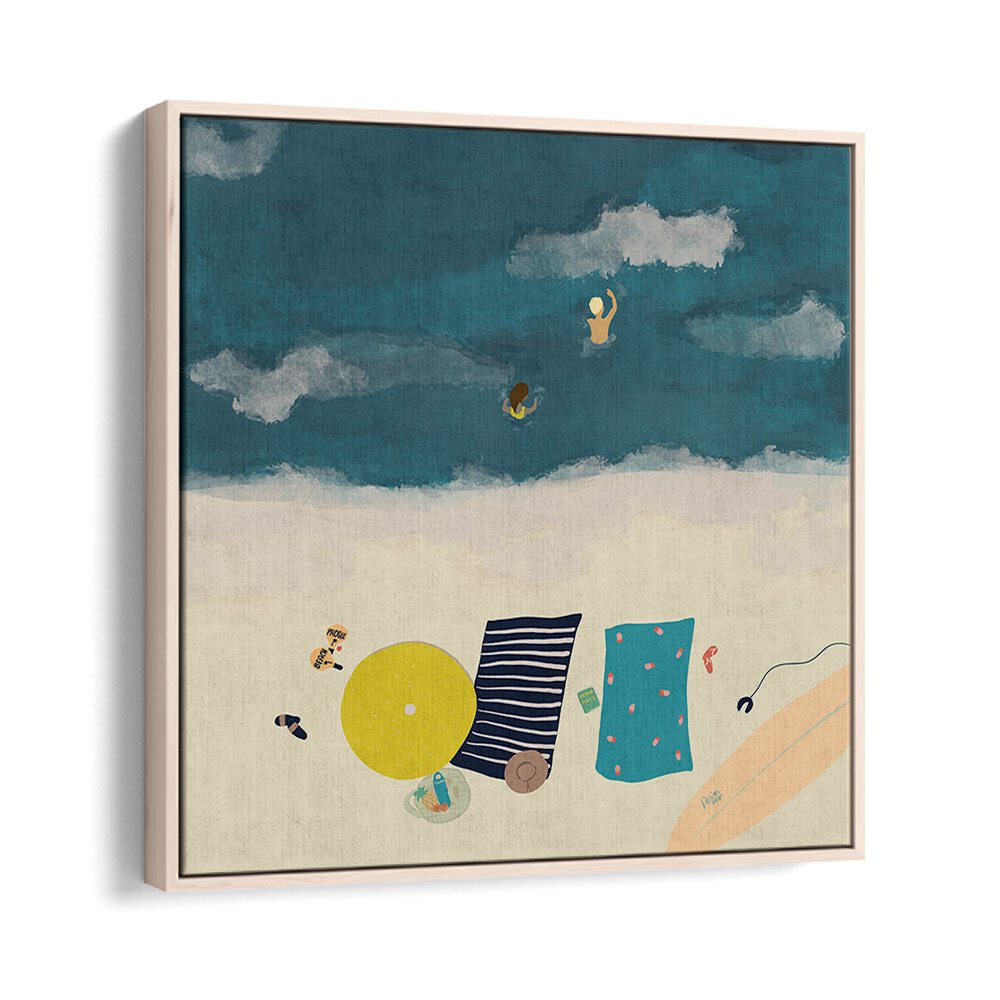 Summertime Splash Beach Prints Coastal Wall Art Prints in Oak Wood Floater Frame