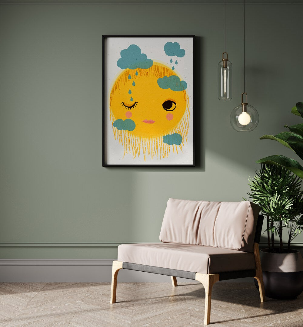 Sun And Rain By Treechild Kids Paintings in Black Plain Frame placed on a Green Colored Wall in the Drawing Room