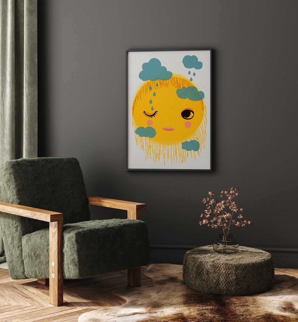 Sun And Rain By Treechild Kids Paintings in Black Plain Frame placed on a Dark Grey Colored Wall in the Drawing Room