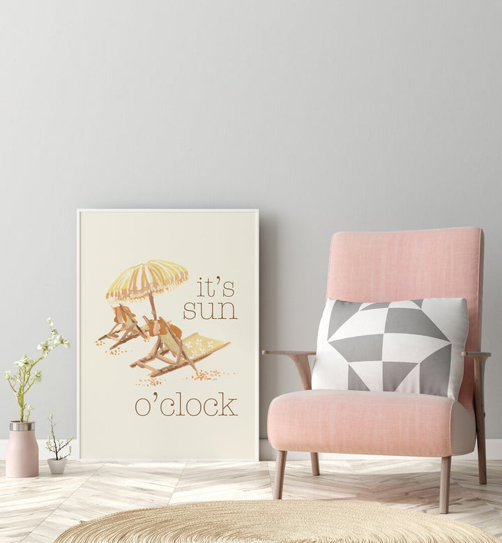 Sun O Clock by Ania Zwara Quotes and Typography Posters in White Plain Frame placed on the floor beside a chair