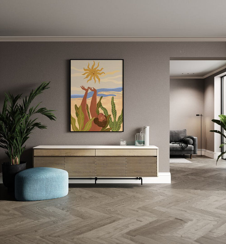 Sun Worship By Arty Guava Wall Art Prints in Black Plain Frame placed on a Beige Colored Wall above a Console Table in the Drawing Room