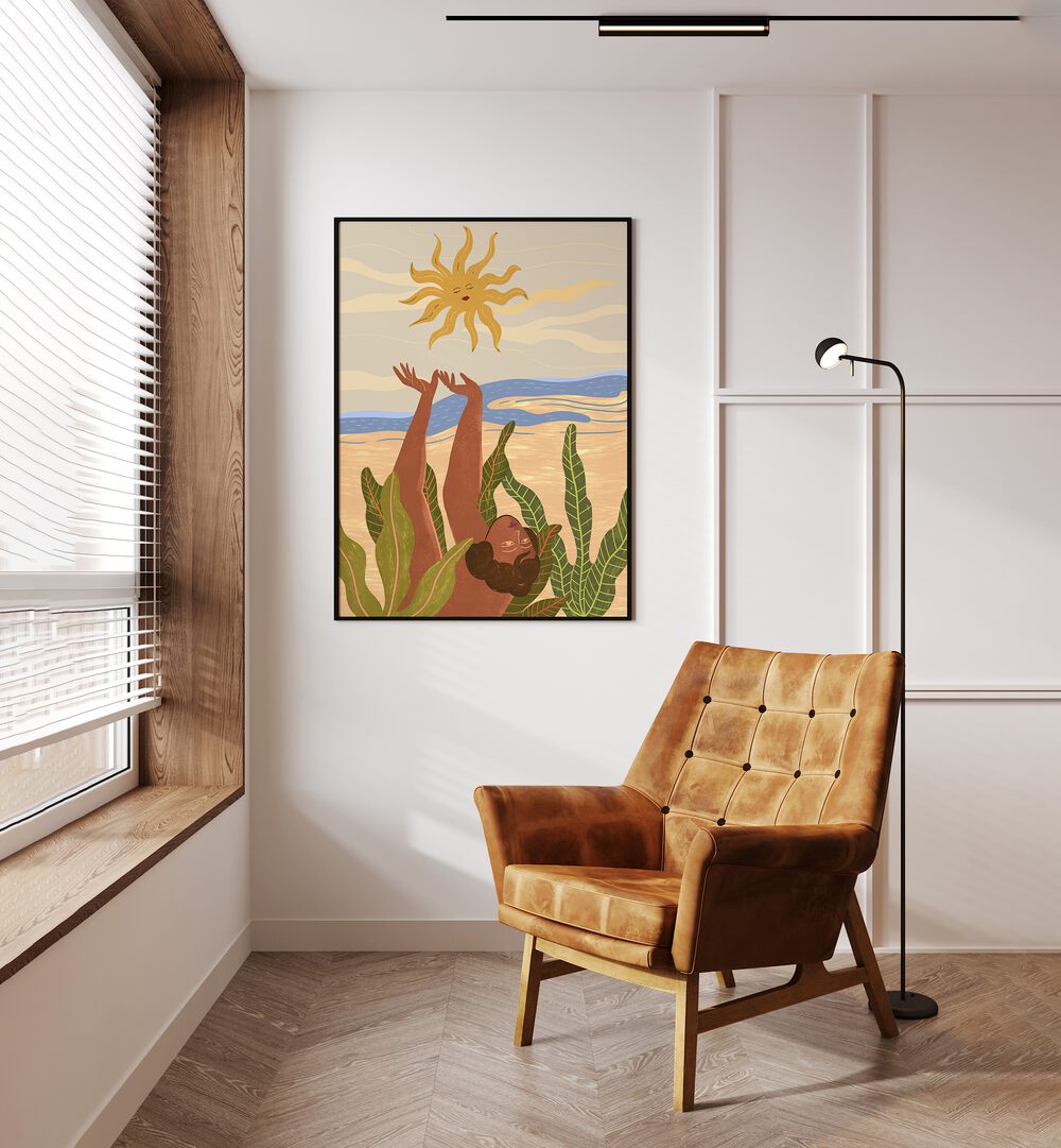 Sun Worship By Arty Guava Wall Art Prints in Black Plain Frame placed on a Cream Colored Wall in the Drawing Room