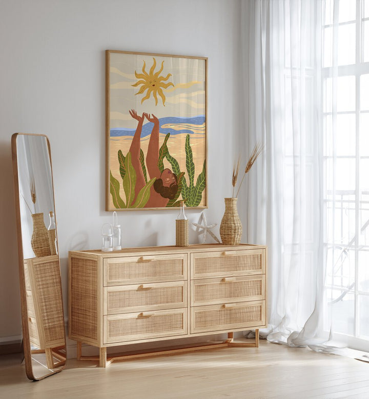 Sun Worship By Arty Guava Wall Art Prints in Oak Wood Plain Frame placed on a White Colored Wall above a Console Table in the Drawing Room 