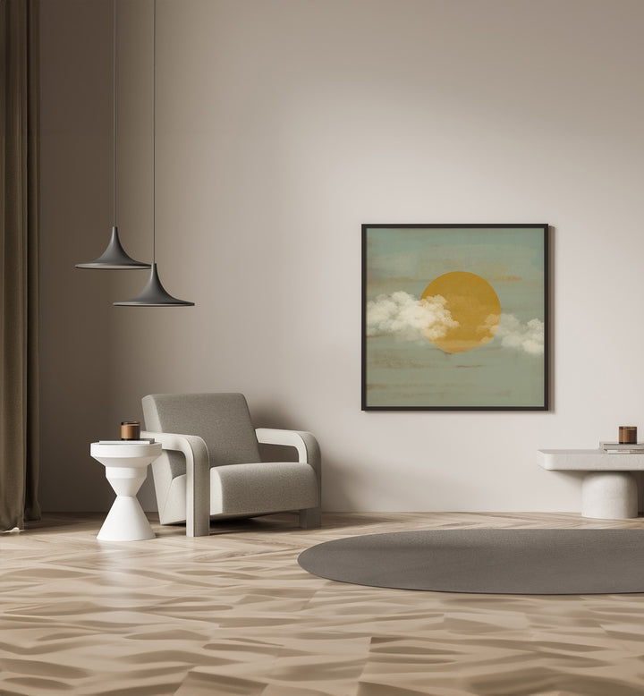 Sun a Clouds by Nilesh Kulkarni Abstract Paintings Abstract Art Print in Black Plain Frame placed on a wall between a chair and table