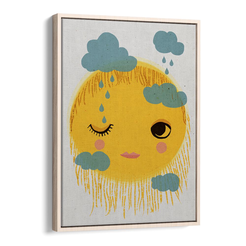 Sun and Rain by Treechild Kids Paintings in Oak Wood Floater Frame