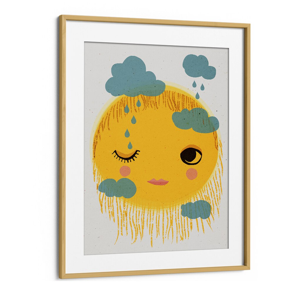 Sun and Rain by Treechild Kids Paintings in Oak Wood Frame With Mount