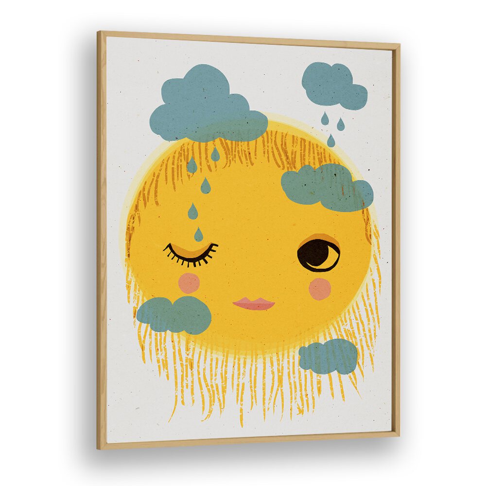 Sun and Rain by Treechild Kids Paintings in Oak Wood Plain Frame