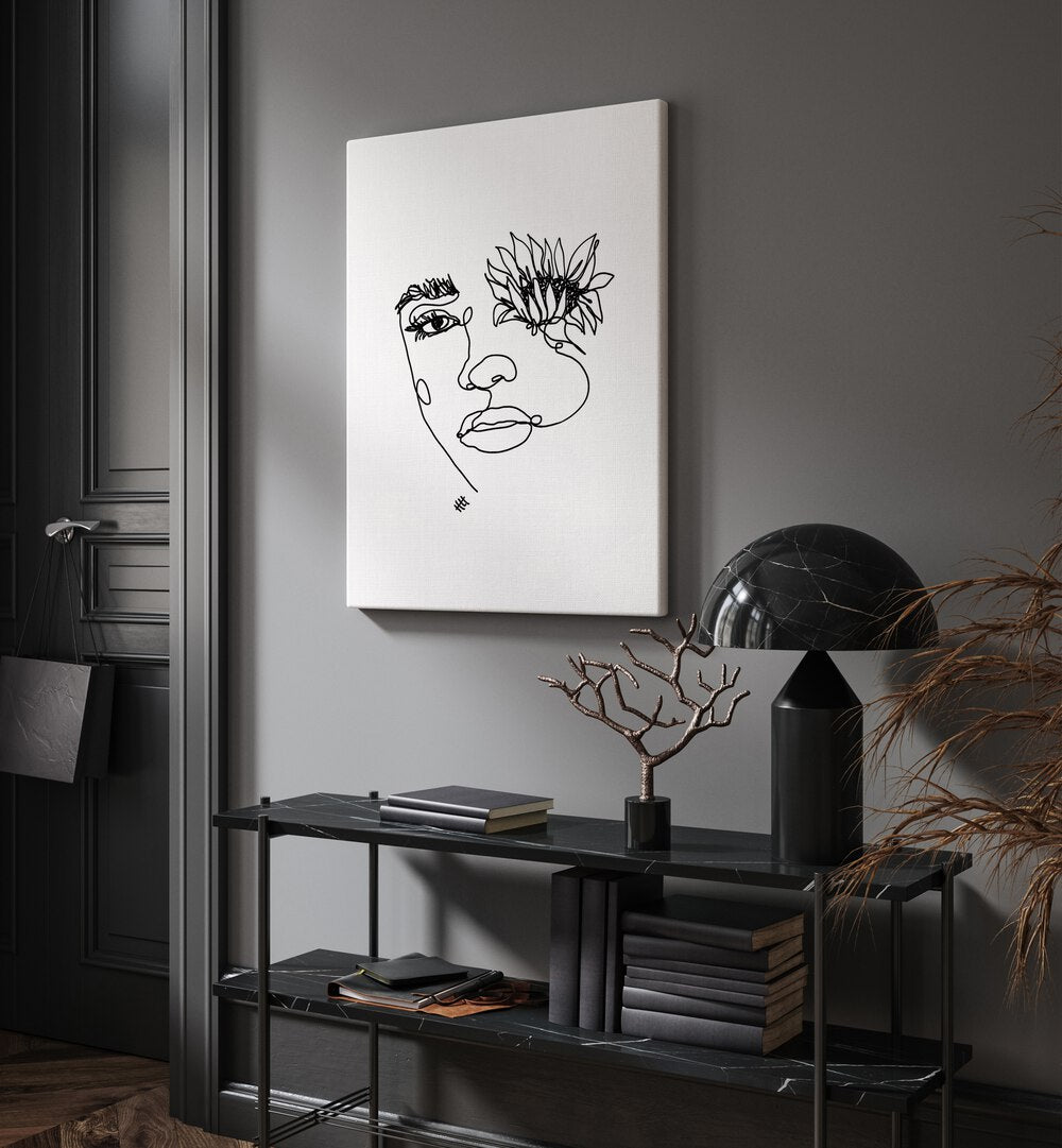 Sun in My Eyes by Hanna Lee Tidd Line Art Paintings Line Art Prints in Gallery Wrap placed on a wall behind a table and beside a door