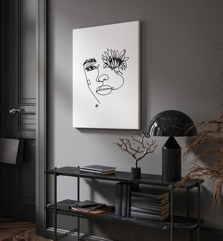 Sun in My Eyes by Hanna Lee Tidd Line Art Paintings Line Art Prints in Gallery Wrap placed on a wall behind a table and beside a door