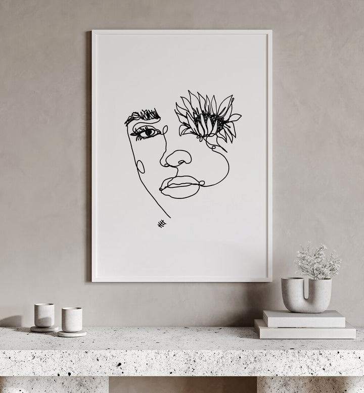 Sun in My Eyes by Hanna Lee Tidd Line Art Paintings Line Art Prints in White Plain Frame placed on a wall behind a table