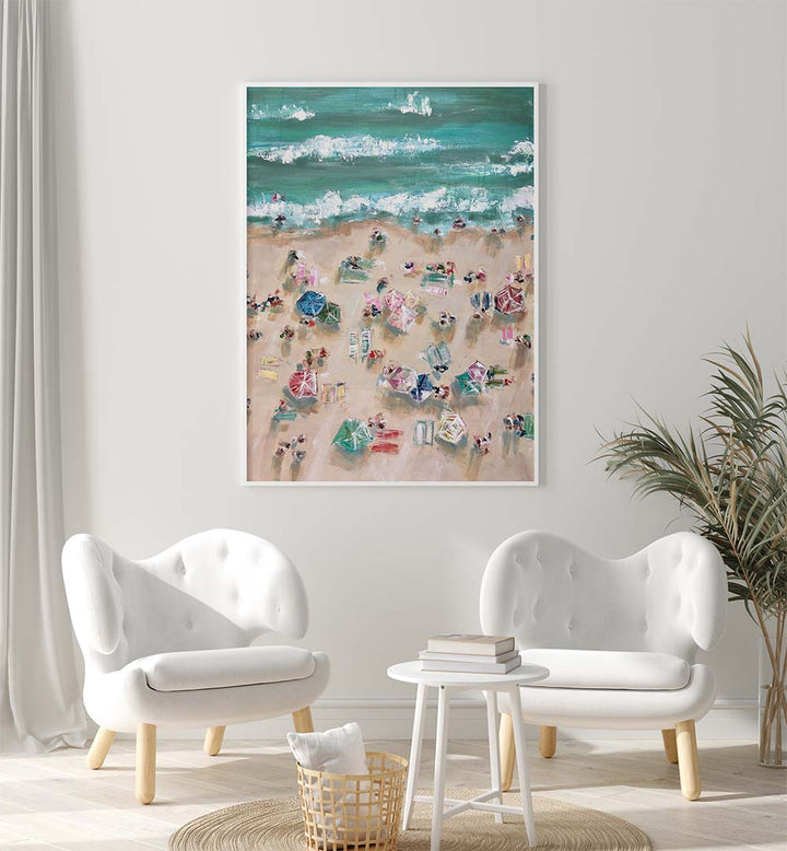 Colorful umbrellas and sunbathers on the shore in vibrant SUNBATHERS, BEACH PAINTINGS for a lively coastal vibe.