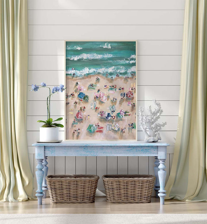 Vibrant SUNBATHERS, BEACH PAINTINGS showcasing colorful umbrellas and sunbathers on a sandy shore, perfect for summer vibes.