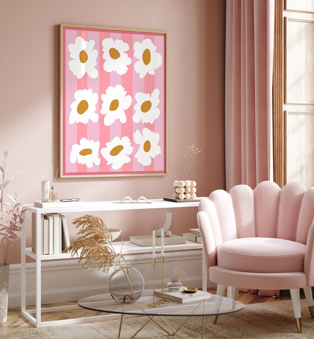 Sunday Spring By Miho Art Studio Botanical Art Prints Floral Paintings in Oak Wood Plain Frame placed on a Pink Colored Wall above a Console Table in the Drawing Room