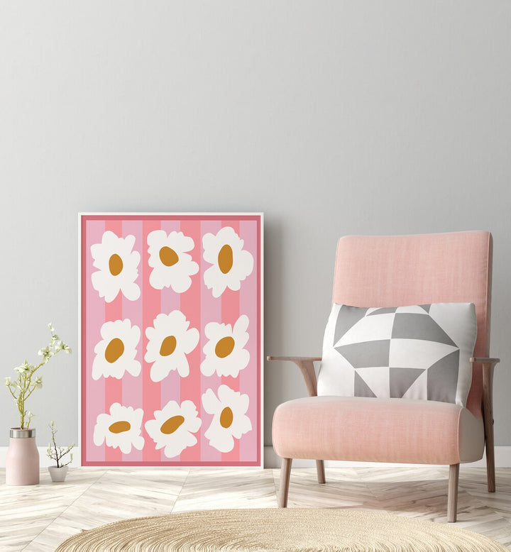 Sunday Spring By Miho Art Studio Botanical Art Prints Floral Paintings in White Plain Frame placed on the floor placed on a Grey Colored Wall in the Drawing Room