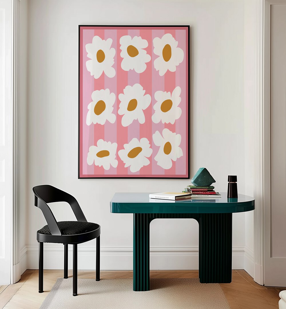 Sunday Spring By Miho Art Studio Botanical Art Prints Floral Paintings in Black Plain Frame placed on a Cream Colored Wall near a Table in a Workspace in the Drawing Room