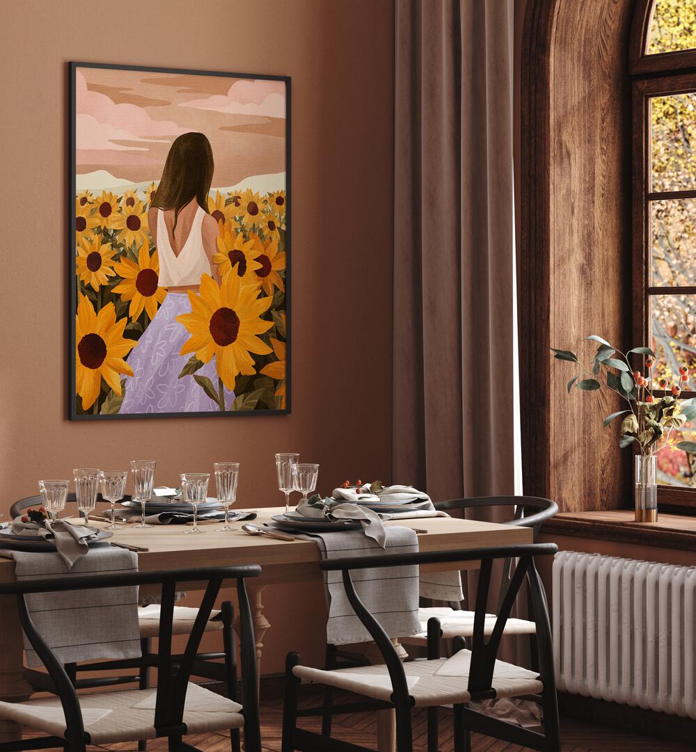 Sunflower Evenings By Goed Blauw Portraits & Figurative Illustrations in Black Plain Frame placed on a Brown Colored Wall near a Dining Table in the Dining Room